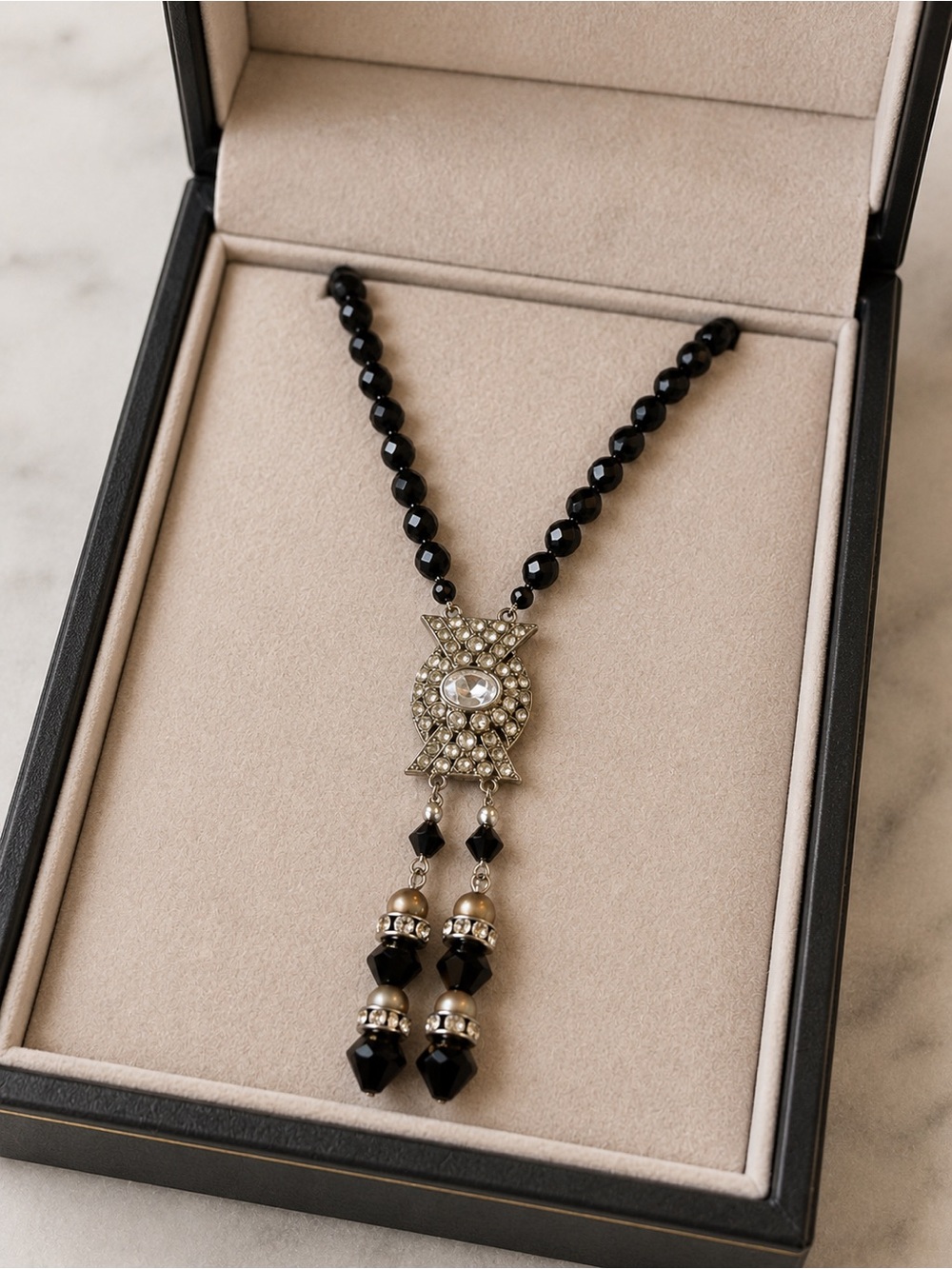 Vintage Faceted Jet Beaded Pendant Necklace with Crystal Accents